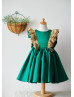 Emerald Green Satin Gold Sequin V Back Flower Girl Dress